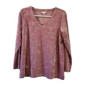 J. Jill Blouse Medium Petite‎ Pink Crushed Velvet Velour Stretchy V Neck Top MP